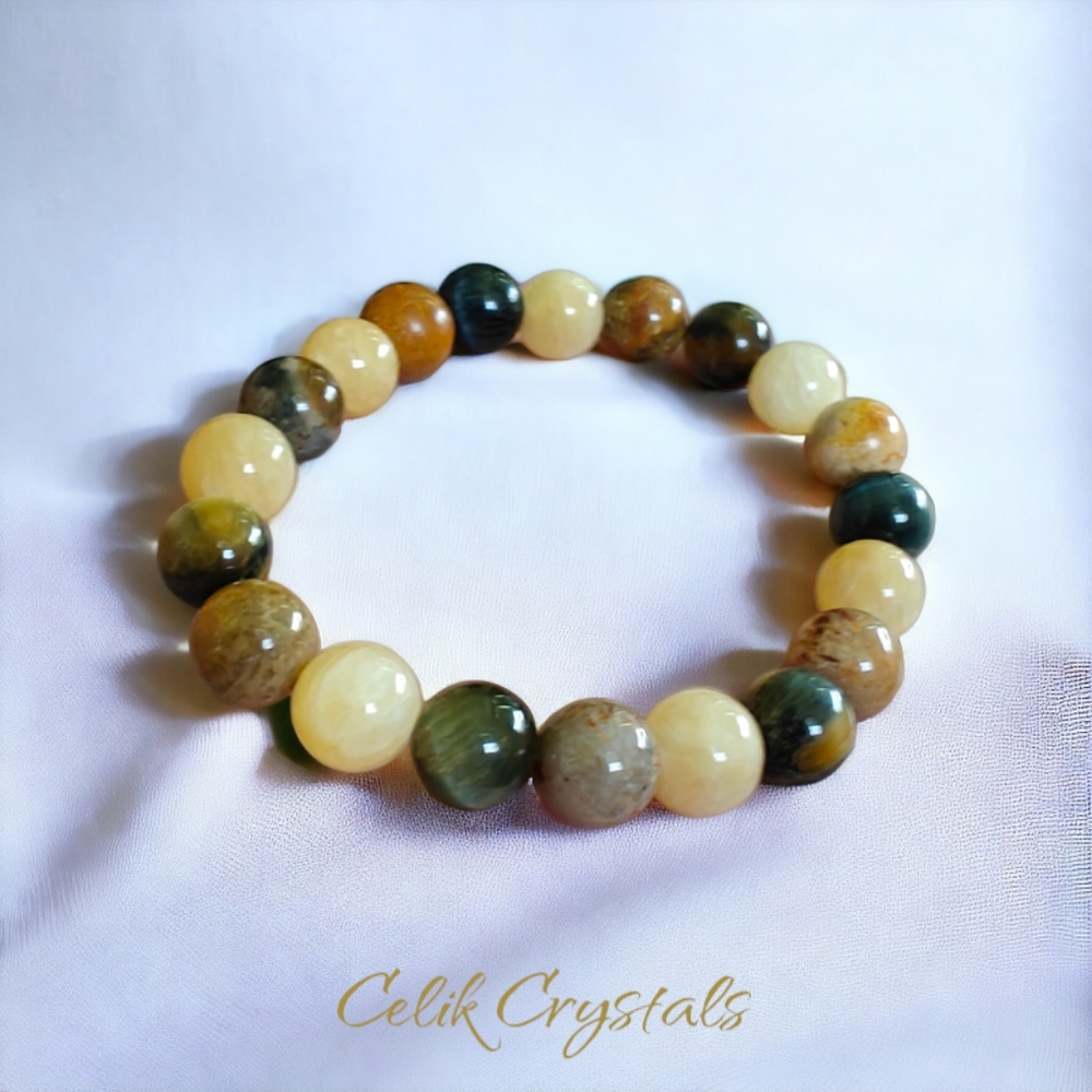 Golden Blue Tiger Eye, Coral Jade, Honey Calcite Bracelet Natural Stones Unisex